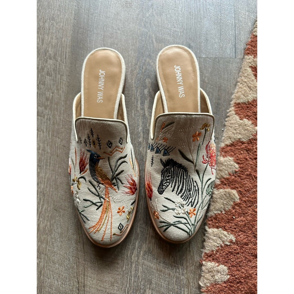Johnny Was‎ Embroidered  Zebra Tropical Bird Slip On Watipaso Mules Flats 8.5 - Picture 2 of 7
